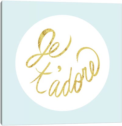 "Je t'adore" Yellow on Light Blue Canvas Art Print - Love Typography