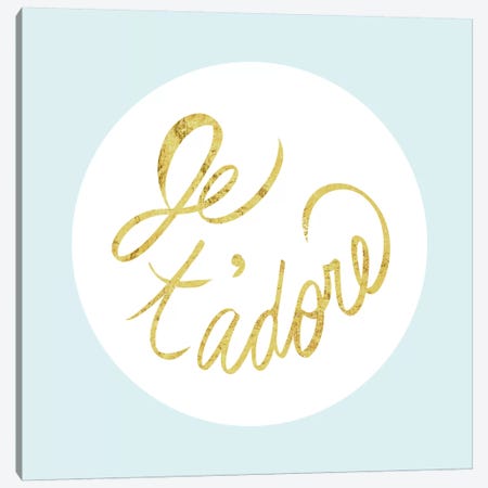 "Je t'adore" Yellow on Light Blue Canvas Print #LTL14} by 5by5collective Canvas Wall Art
