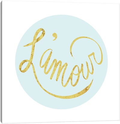 "L'amour" Yellow on Light Blue Canvas Art Print - Love Typography