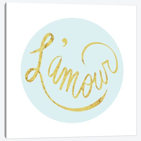 "L'amour" Yellow on Light Blue Canvas Print #LTL24} by 5by5collective Canvas Art Print