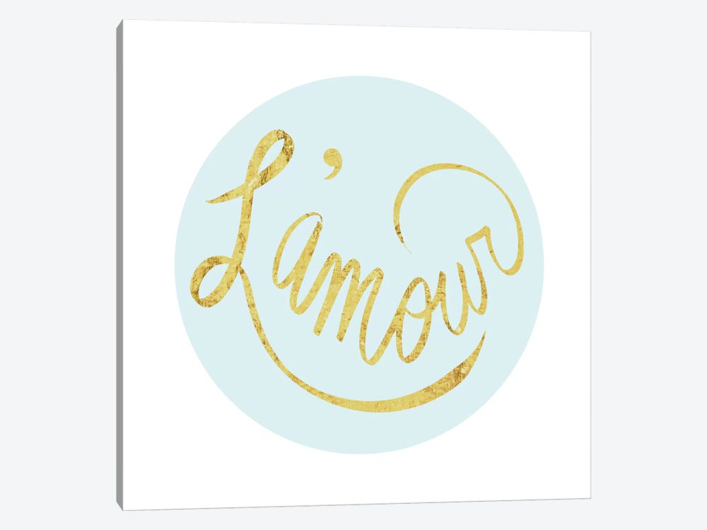 "L'amour" Yellow on Light Blue by 5by5collective 1-piece Canvas Wall Art