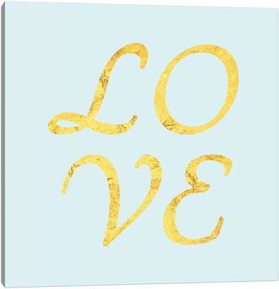 "Love" Yellow on Light Blue Canvas Art Print - White Art