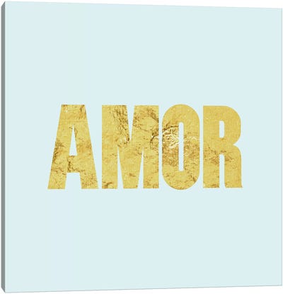 "Amor" Yellow on Light Blue Canvas Art Print - Love Typography