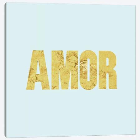 "Amor" Yellow on Light Blue Canvas Print #LTL4} by 5by5collective Canvas Art