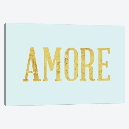 "Amore" Yellow on Light Blue Canvas Print #LTL9} by 5by5collective Art Print
