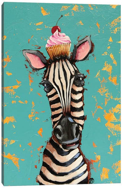 Zebra With Cherry Cupcake Canvas Art Print - Gold & Teal Art