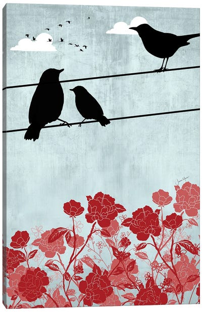 Birds On A Wire (Red) Canvas Art Print - LouLouArtStudio