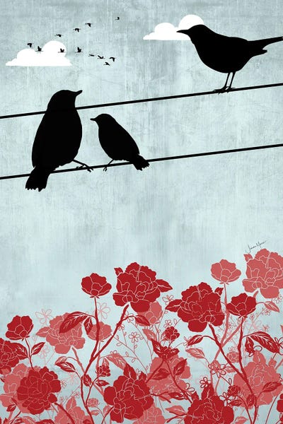 LouLouArtStudio: Birds On A Wire (Red) by LouLouArtStudio