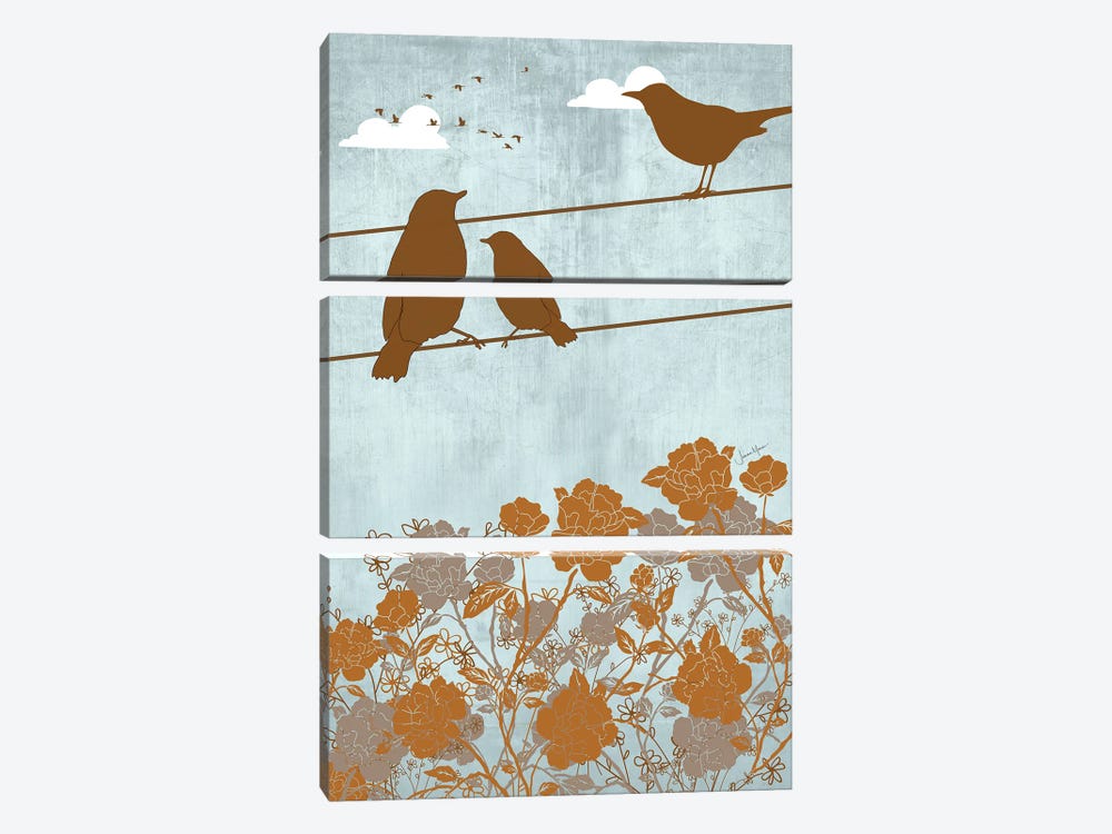 Birds On Wire (Brown) by LouLouArtStudio 3-piece Canvas Art Print