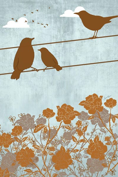 LouLouArtStudio: Birds On Wire (Brown) by LouLouArtStudio