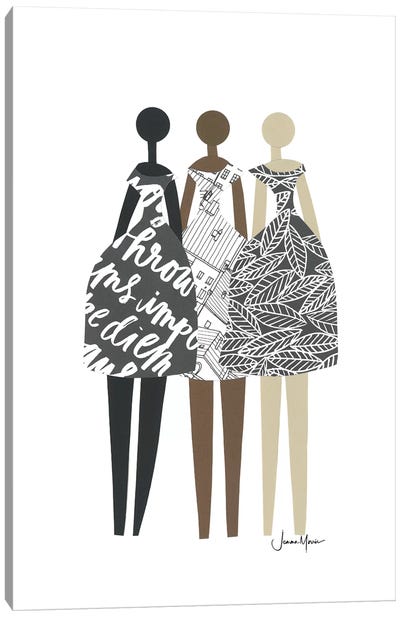 Multicultural Fashion Dolls In Black & White Canvas Art Print - LouLouArtStudio