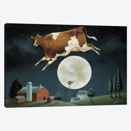 Cow Jumps Over The Moon Canvas Print #LWE24} by Lowell Herrero Canvas Art