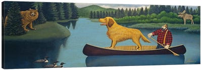 Lumberjack In Canoe Canvas Art Print - Golden Retriever Art