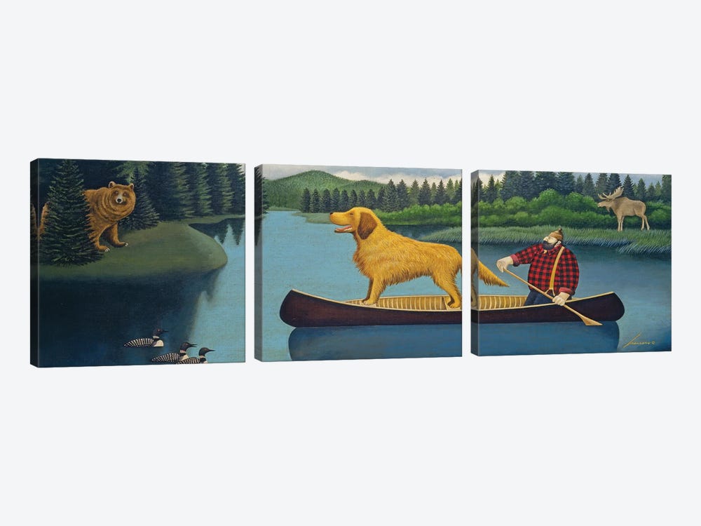 Lumberjack In Canoe by Lowell Herrero 3-piece Canvas Print