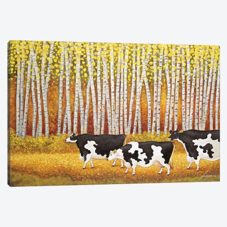 Autumn Cows Birch Trees Canvas Print #LWE7} by Lowell Herrero Canvas Wall Art
