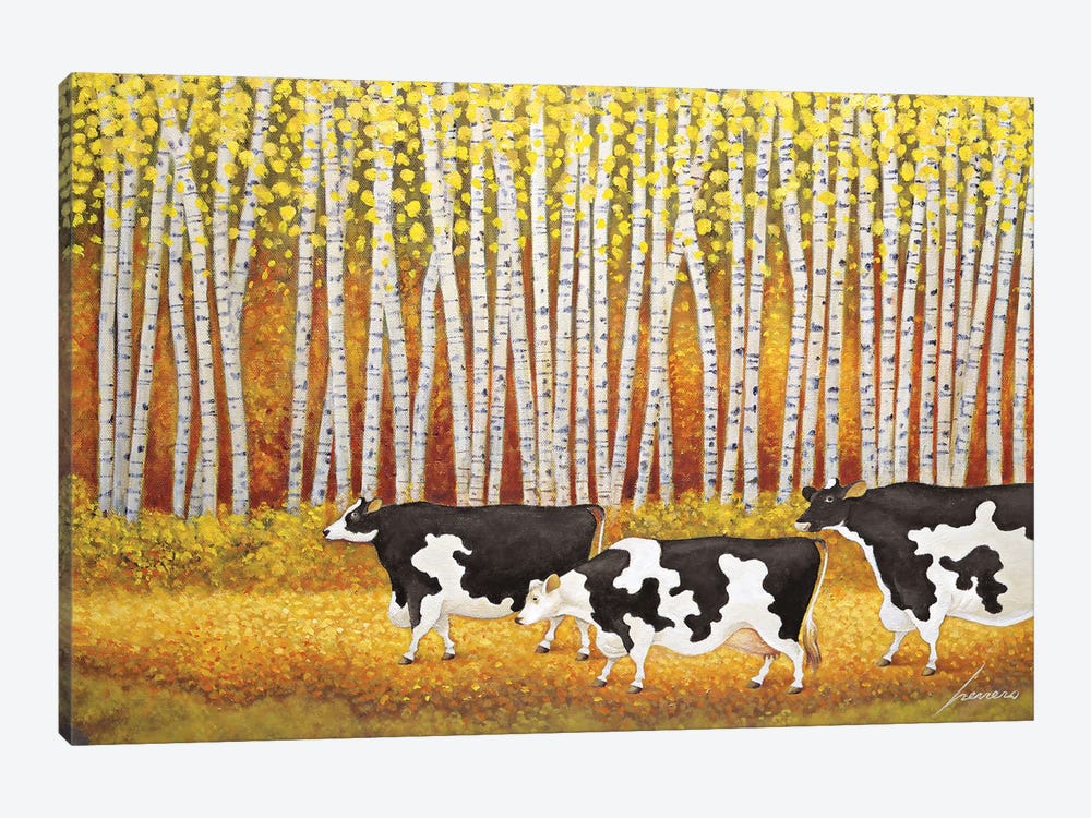 Autumn Cows Birch Trees by Lowell Herrero 1-piece Canvas Artwork