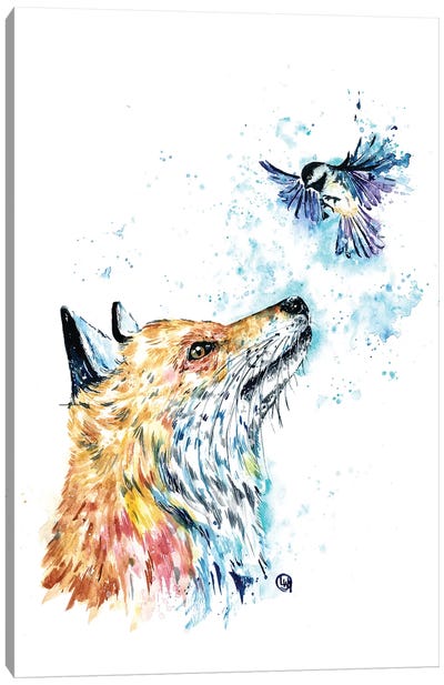 Fox and Chickadee Canvas Art Print - Lisa Whitehouse