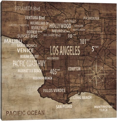 Map Of Los Angeles Canvas Art Print - Brown