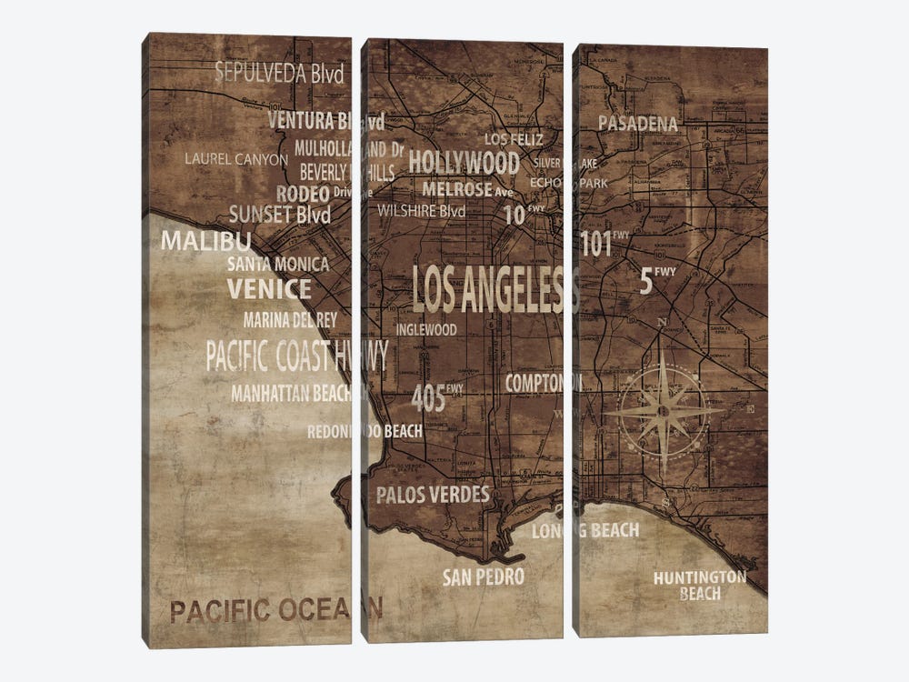 Map Of Los Angeles by Luke Wilson 3-piece Canvas Art