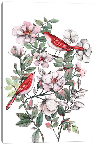 Birdsong In The Rose Bush Canvas Art Print - Lelya Chara