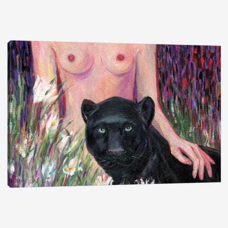 Tenderness And Safety. Black Panther Canvas Print #LYC8} by Lelya Chara Art Print