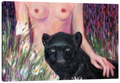 Tenderness And Safety. Black Panther Canvas Art Print - Panther Art