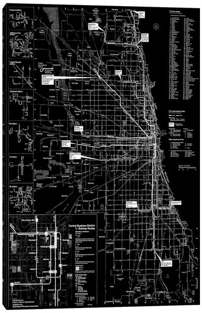 Modern Art - Chicago Transit Negative Canvas Art Print - Urban Maps