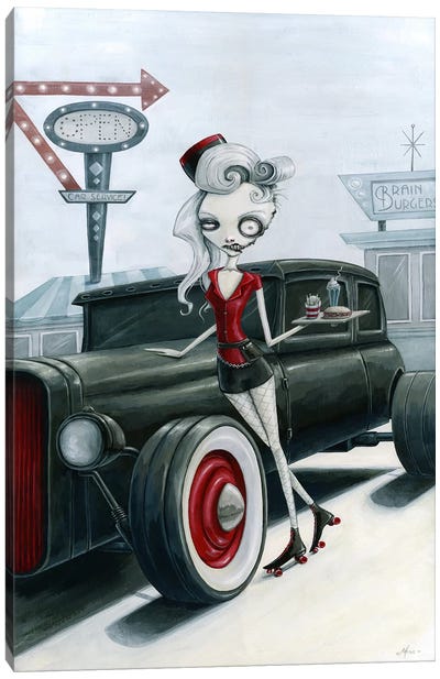 Car Service At The Brain Burger Drive-In Canvas Art Print - Zombie Art