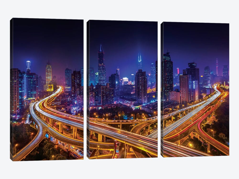 Shanghai By Night by Marco Carmassi 3-piece Canvas Wall Art
