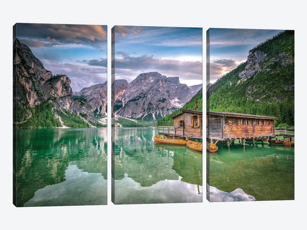 Braies Lake Boats by Marco Carmassi 3-piece Canvas Art Print