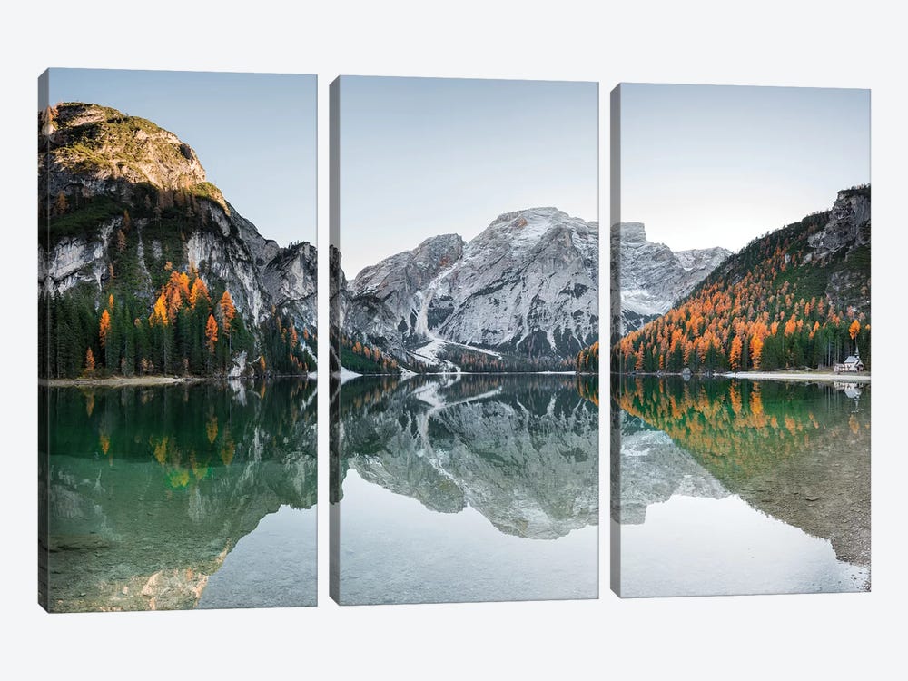 Braies Lake Reflections by Marco Carmassi 3-piece Canvas Art Print