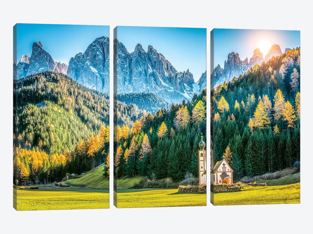 Val Di Funes Small Church by Marco Carmassi 3-piece Canvas Print