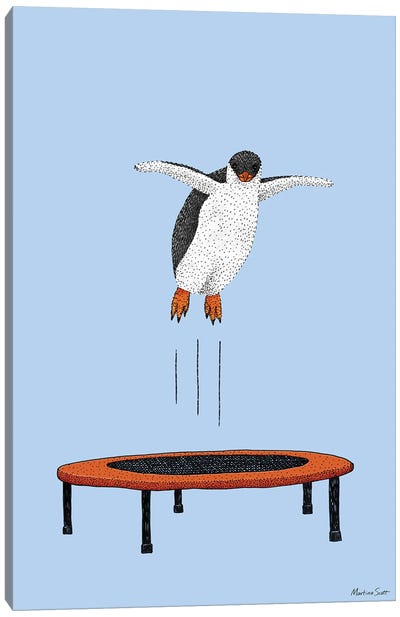 Penguin On A Trampoline Canvas Art Print - Martina Scott