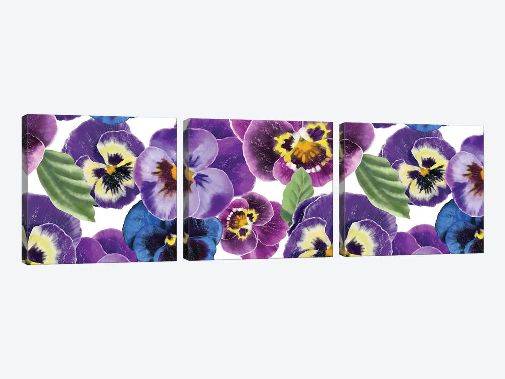 Blue And Purple Pansies Blossoms by Marble Art Co 3-piece Canvas Artwork
