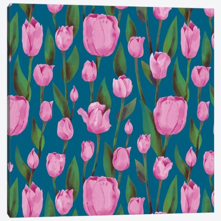 Pink Tulips Turquoise Canvas Print #MBL115} by Marble Art Co Canvas Artwork