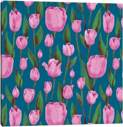 Pink Tulips Turquoise Canvas Art Print - Marble Art Co