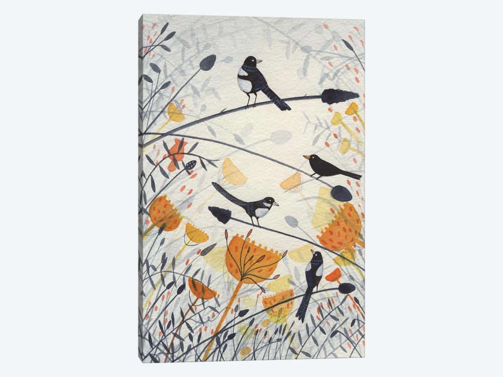 Three Magpies & A Blackbird by Michelle Campbell 1-piece Art Print