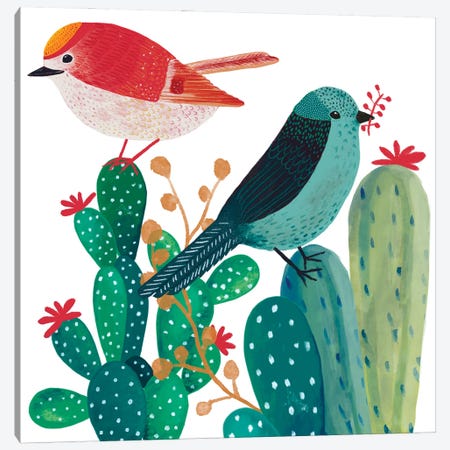 Birds And Cactus Canvas Print #MCE59} by Michelle Campbell Canvas Wall Art