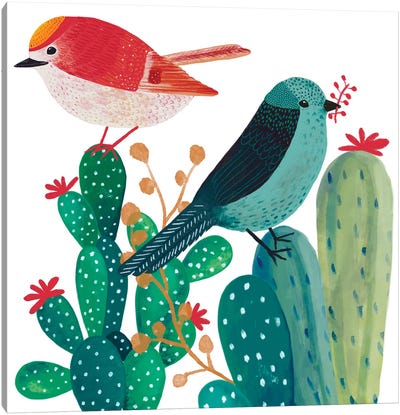 Birds And Cactus Canvas Art Print - Michelle Campbell
