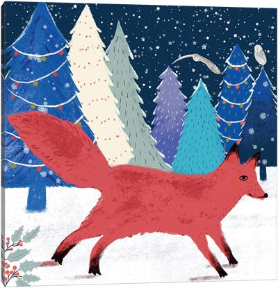 Fox And The Owls Canvas Art Print - Winter Wonderland