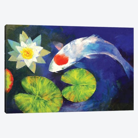 Tancho Koi And Water Lily Canvas Print #MCR137} by Michael Creese Canvas Art