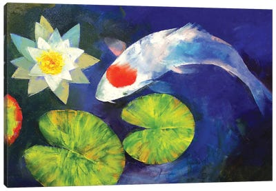 Tancho Koi And Water Lily Canvas Art Print - Koi Fish Art