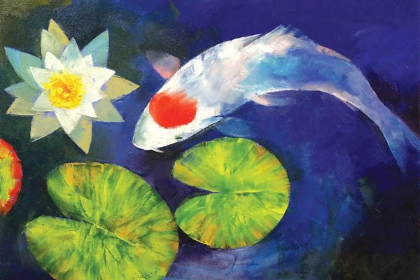 Koi: Tancho Koi And Water Lily by Michael Creese