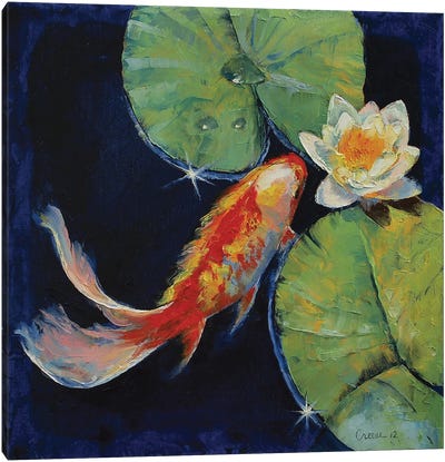 Koi And White Lily Canvas Art Print - Koi Fish Art