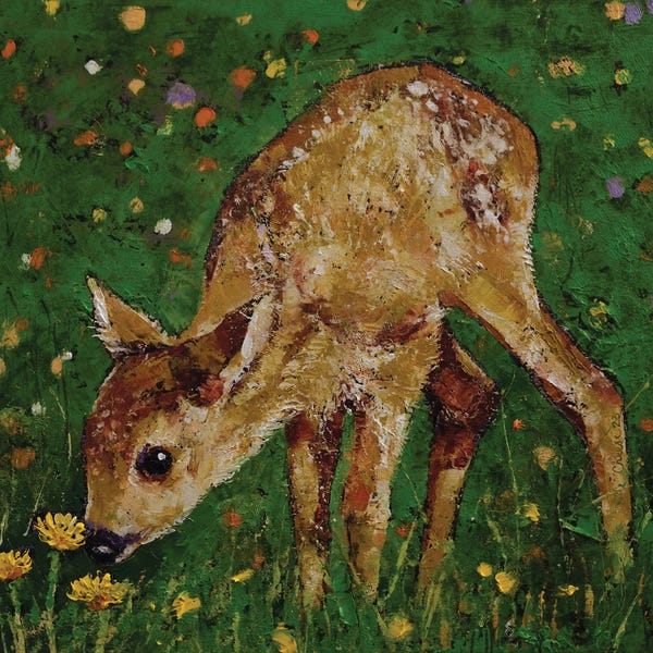 Baby Animals: Fawn With Dandelions by Michael Creese