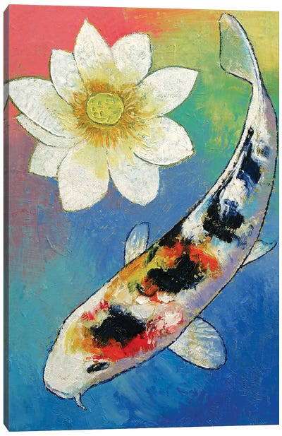 Koi And White Lotus Canvas Art Print - Michael Creese