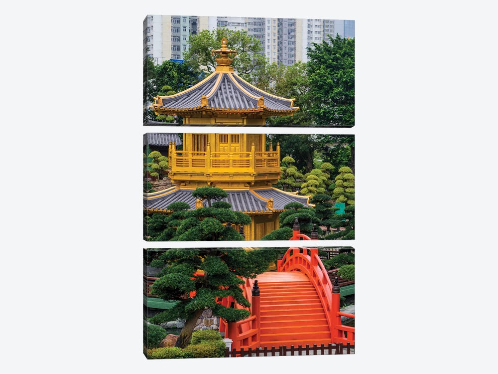 Golden Pavilion Of Absolute Perfection, Nan Lian Garden, Diamond Hill, Kowloon, Hong Kong, China by Michael DeFreitas 3-piece Canvas Artwork