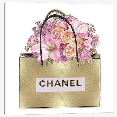 Gold Bag With Pink Bouquet Canvas Print #MDL10} by Madeline Blake Canvas Wall Art