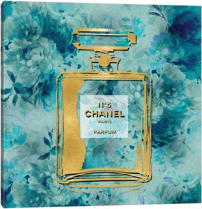 Gold Perfume On Aqua Flowers Canvas Art Print - Chanel Art