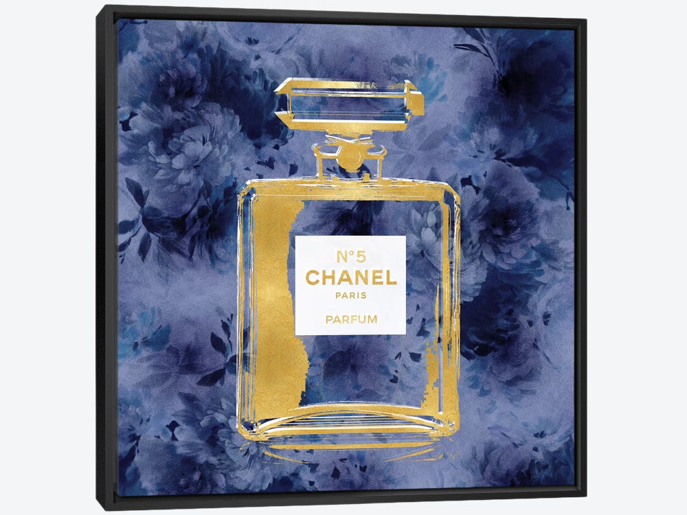 Framed Canvas Art - Gold Perfume on Blue Flowers by Madeline Blake ( Fashion > Hair & Beauty > Perfume Bottles art) - 26x26 in